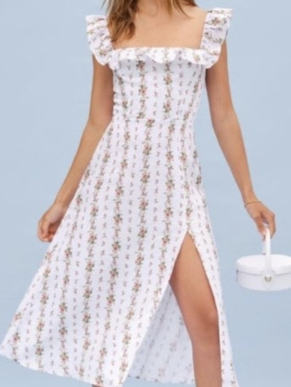 Reformation 100% LinenFloral Ruffle-Trim Square-Neck Midi Dress